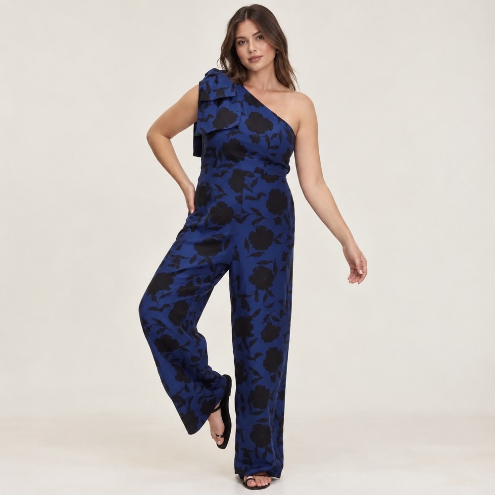 KATE SPADE NY x Target Women's Jumpsuit 6 Blue Black One Shoulder LINEN Blend